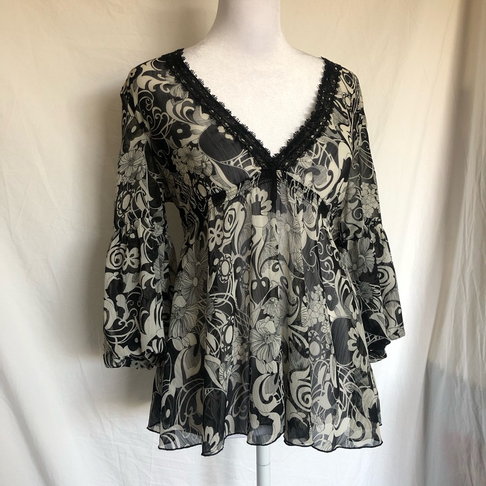 Sheer Black & Ivory Floral V-Neck Blouse